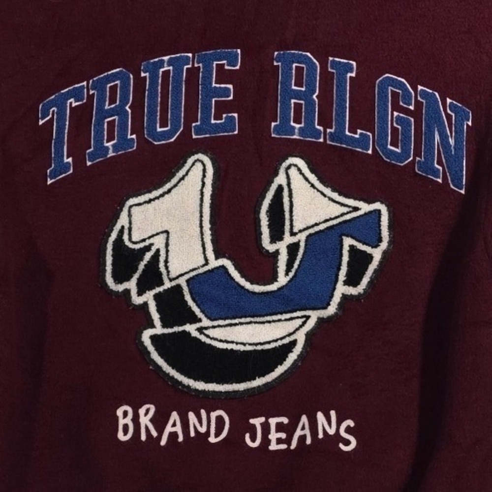 True Religion Spliced U Varsity Jacket S Burgundy Wool Faux Leather Collegiate